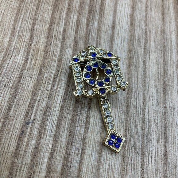 Pendulum Clock Vintage Blue Rhinestone Silver Tone Pin Brooch - Picture 6 of 6